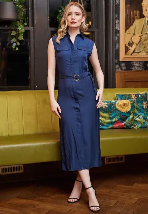 (5P.PACK) Sleeveless Midi Shirt Dress with Gold Ring Belt in Navy Blue