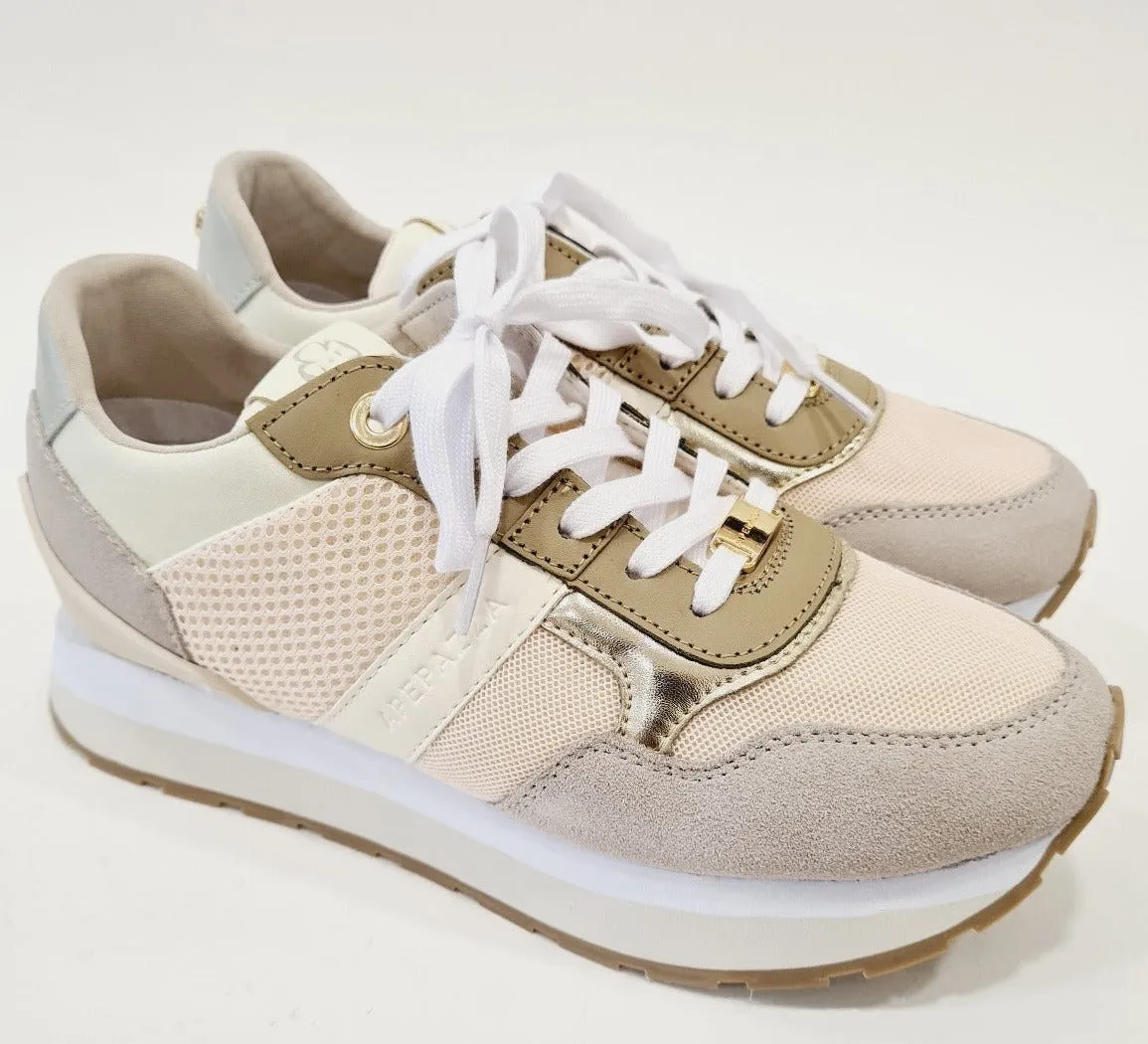 Apepazza  sneakers fondo gomma   zeppa interna alta 5 cm. tessuto e pelle crema rif.644