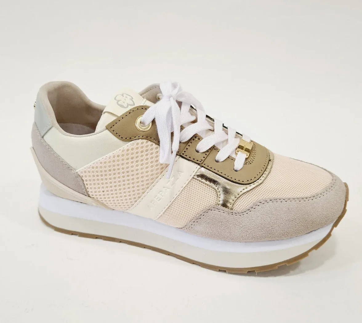Apepazza  sneakers fondo gomma   zeppa interna alta 5 cm. tessuto e pelle crema rif.644