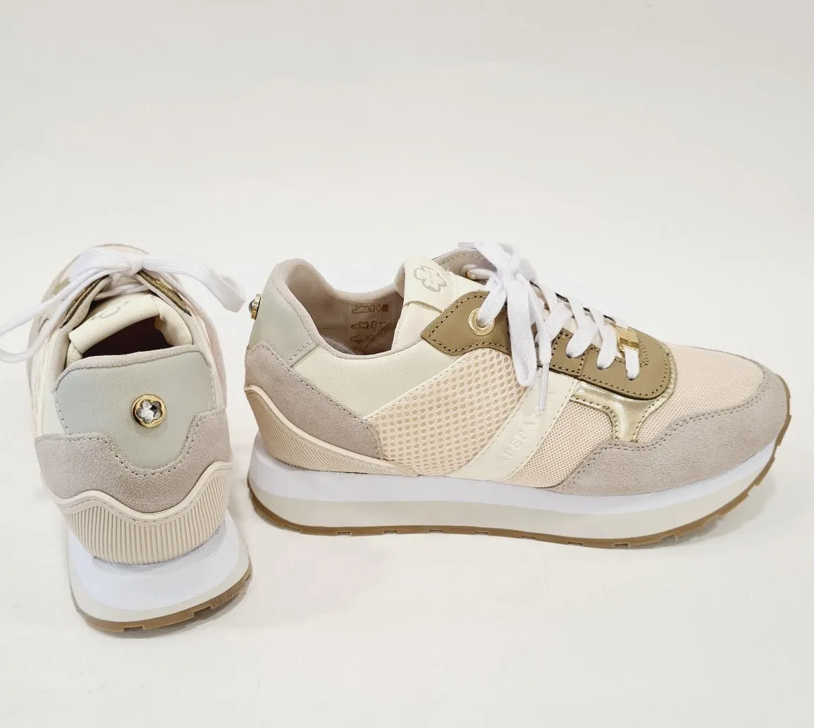 Apepazza  sneakers fondo gomma   zeppa interna alta 5 cm. tessuto e pelle crema rif.644