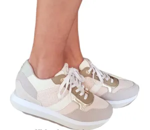 Apepazza  sneakers fondo gomma   zeppa interna alta 5 cm. tessuto e pelle crema rif.644
