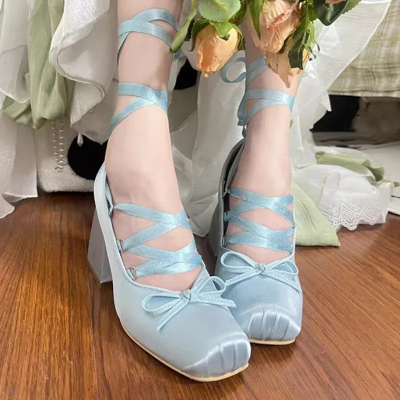 binfenxie Pink Silk Cross-strap Ballet Shoes Sweet Girl Square Toe High Heels Women Pumps Elegant Ladies Bowknot Lace Up Lolita Shoes New