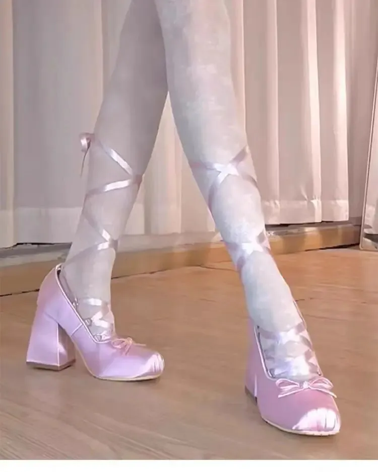 binfenxie Pink Silk Cross-strap Ballet Shoes Sweet Girl Square Toe High Heels Women Pumps Elegant Ladies Bowknot Lace Up Lolita Shoes New