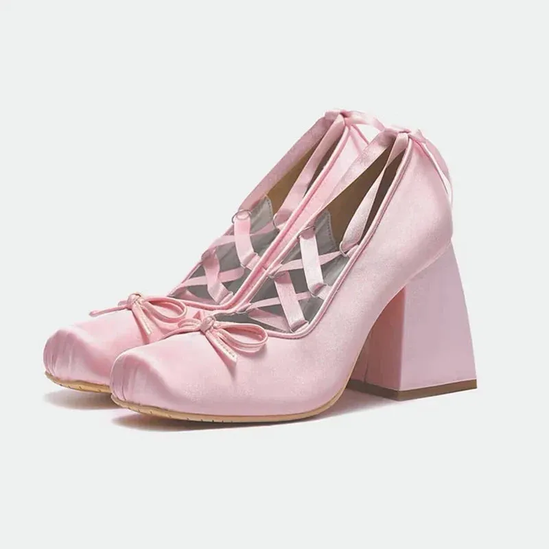 binfenxie Pink Silk Cross-strap Ballet Shoes Sweet Girl Square Toe High Heels Women Pumps Elegant Ladies Bowknot Lace Up Lolita Shoes New