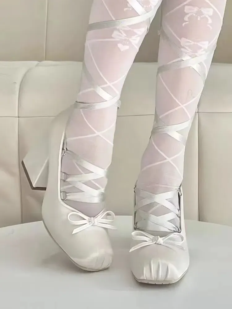binfenxie Pink Silk Cross-strap Ballet Shoes Sweet Girl Square Toe High Heels Women Pumps Elegant Ladies Bowknot Lace Up Lolita Shoes New