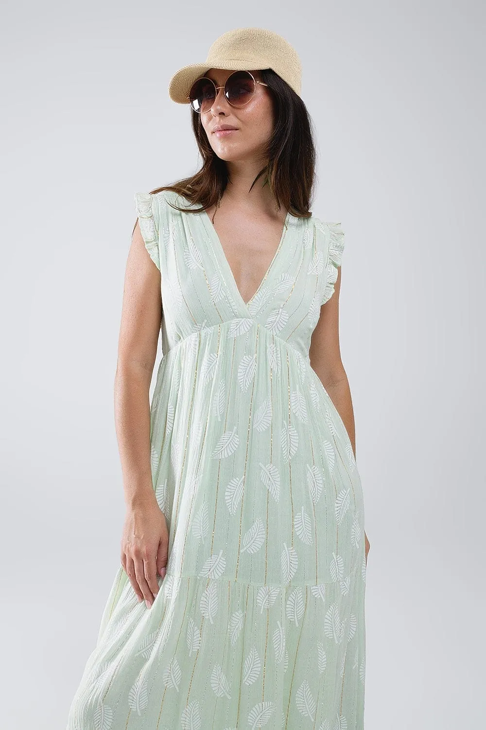 Boho Maxi Babydoll Dress With Leaf Print And Lurex In Mint