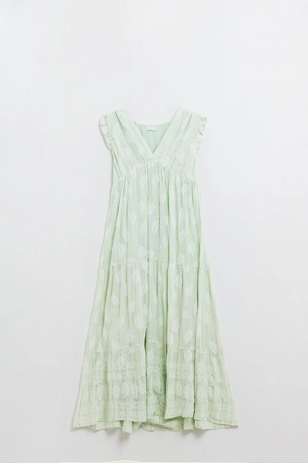 Boho Maxi Babydoll Dress With Leaf Print And Lurex In Mint