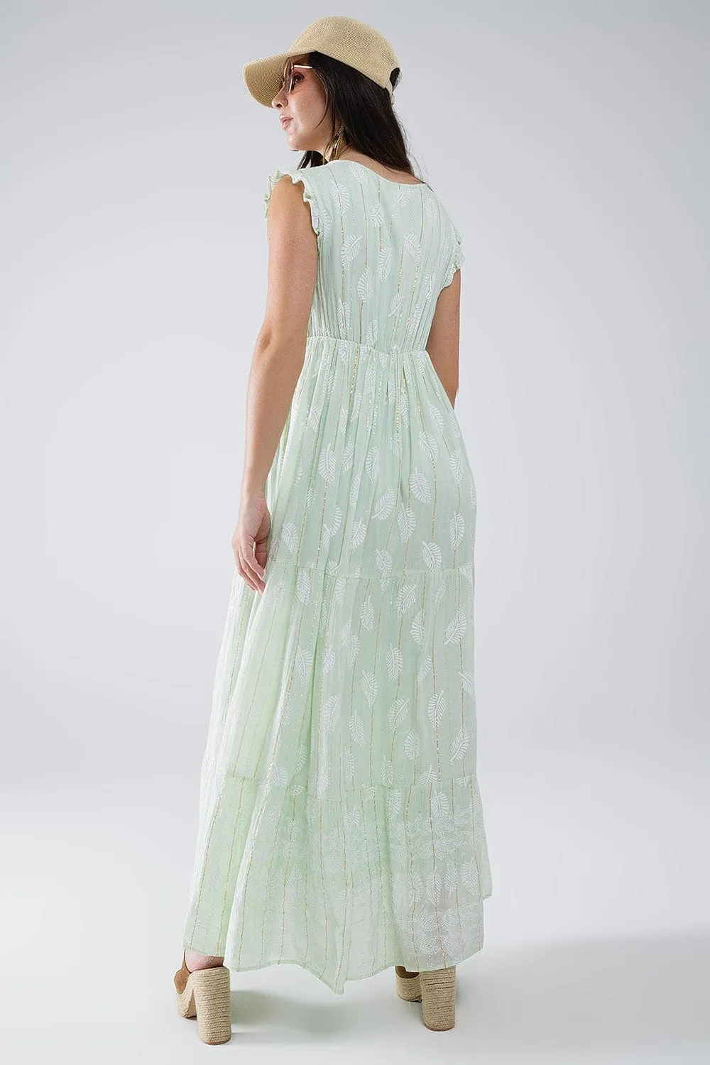Boho Maxi Babydoll Dress With Leaf Print And Lurex In Mint