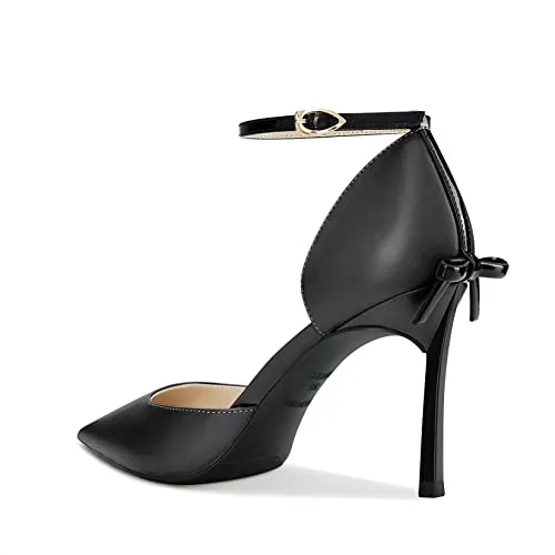 Castamere Women Stiletto High Heel Pointed Toe Pumps Ankle Strap Two-Piece Bow-Knot Wedding Dress 3.3 Inches Heels Black