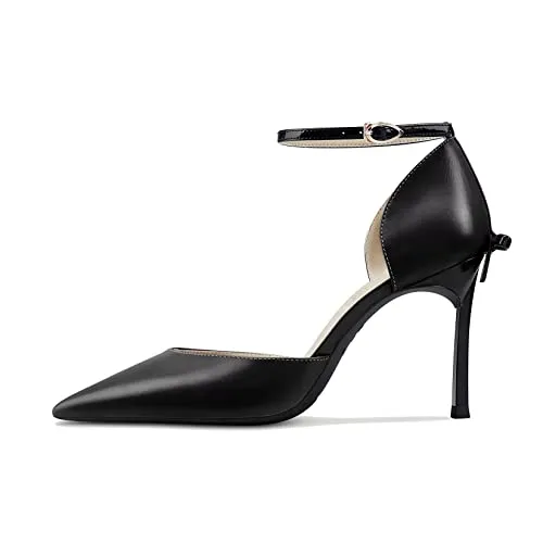 Castamere Women Stiletto High Heel Pointed Toe Pumps Ankle Strap Two-Piece Bow-Knot Wedding Dress 3.3 Inches Heels Black