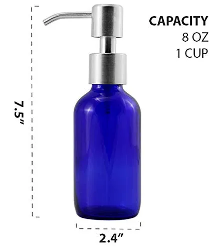Cornucopia 8oz Cobalt Blue Glass Bottles w/Stainless Steel Pumps (2 pack), Boston Round Bottles for Essential Oils, Lotions and Liquid Soap