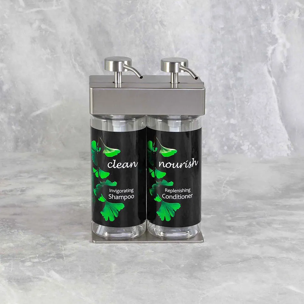Dispenser Amenities SOlera 2 Chamber Satin Silver Dispenser, Oval Bottle, Ginkgo Lable, 360ml