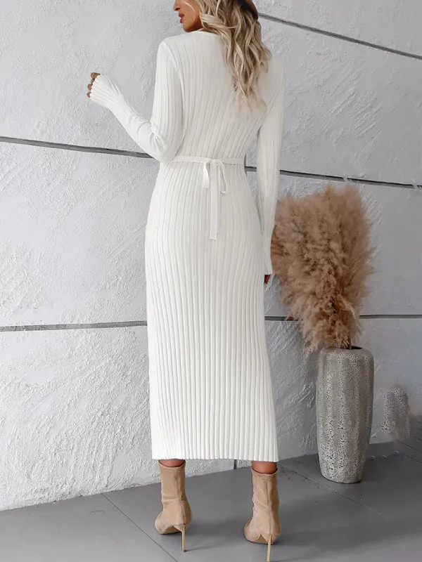 Elegant Solid Color V-neck Long-sleeved Sweater Dress