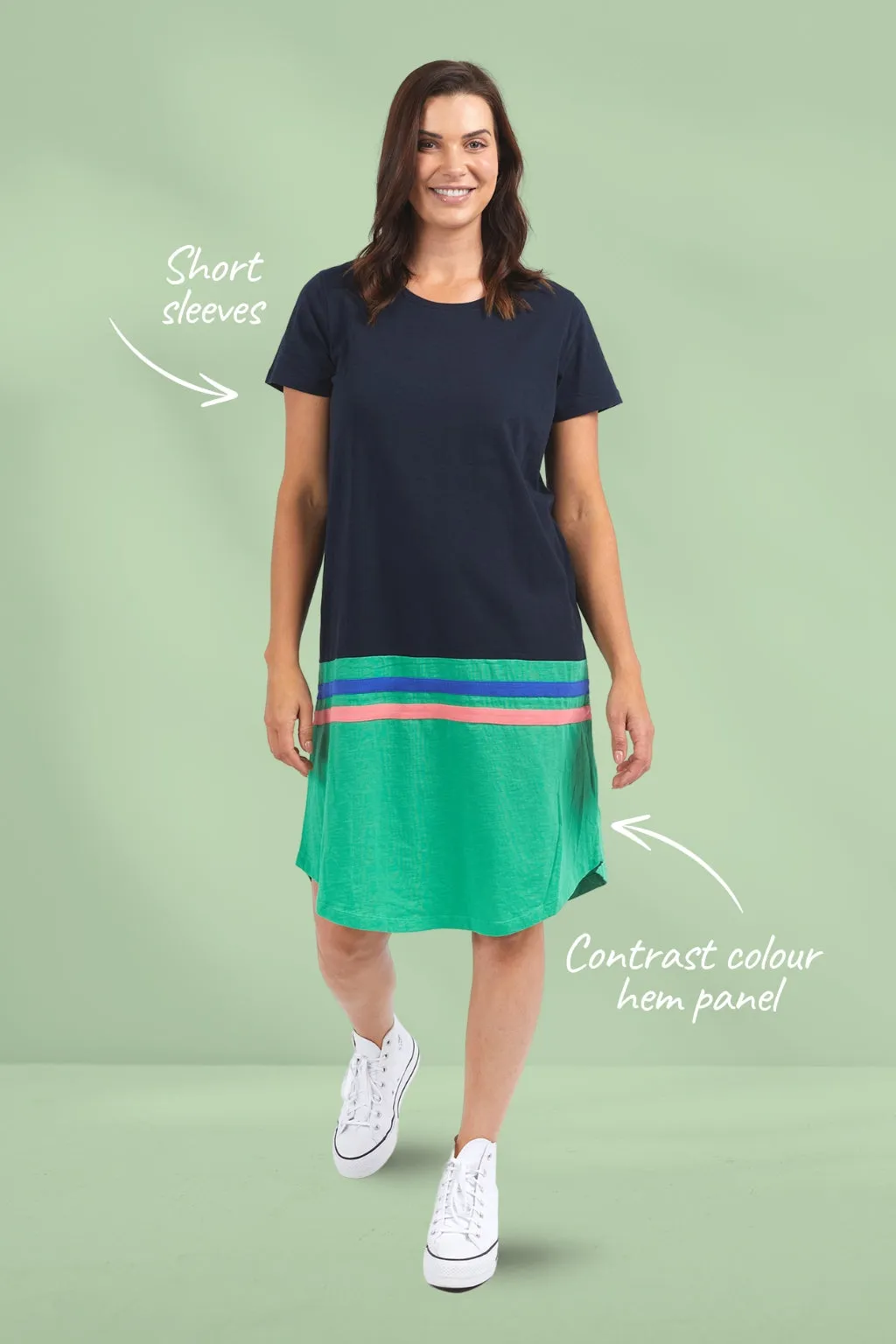 Elm Rhea Tee Dress Navy and Green Colour Block