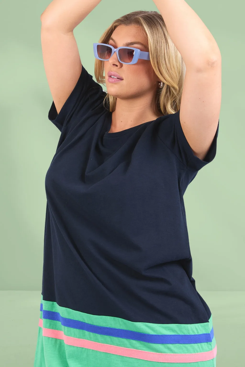 Elm Rhea Tee Dress Navy and Green Colour Block