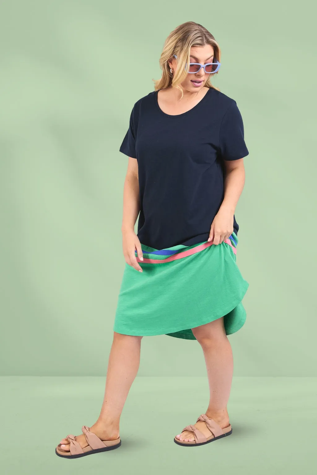 Elm Rhea Tee Dress Navy and Green Colour Block