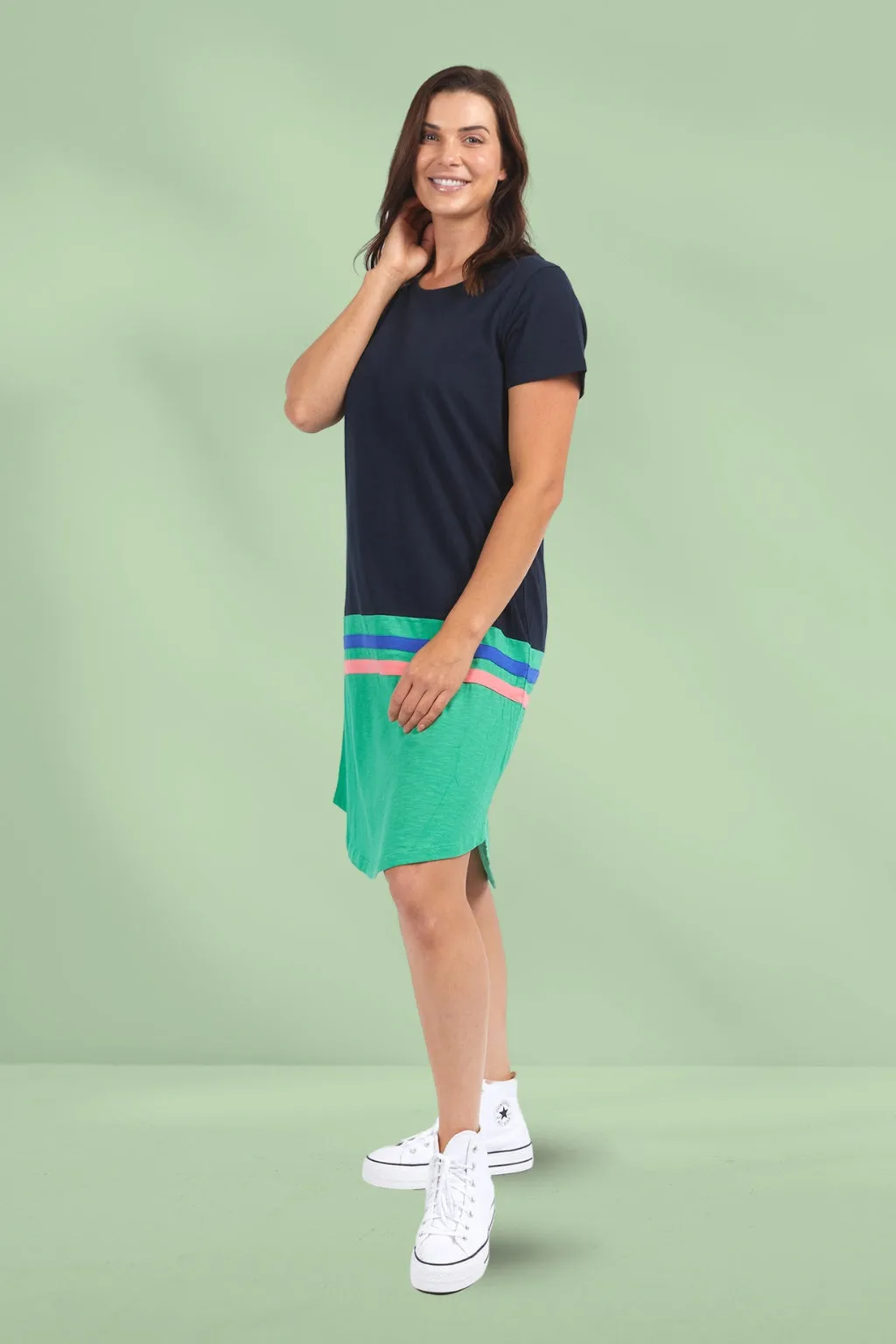 Elm Rhea Tee Dress Navy and Green Colour Block