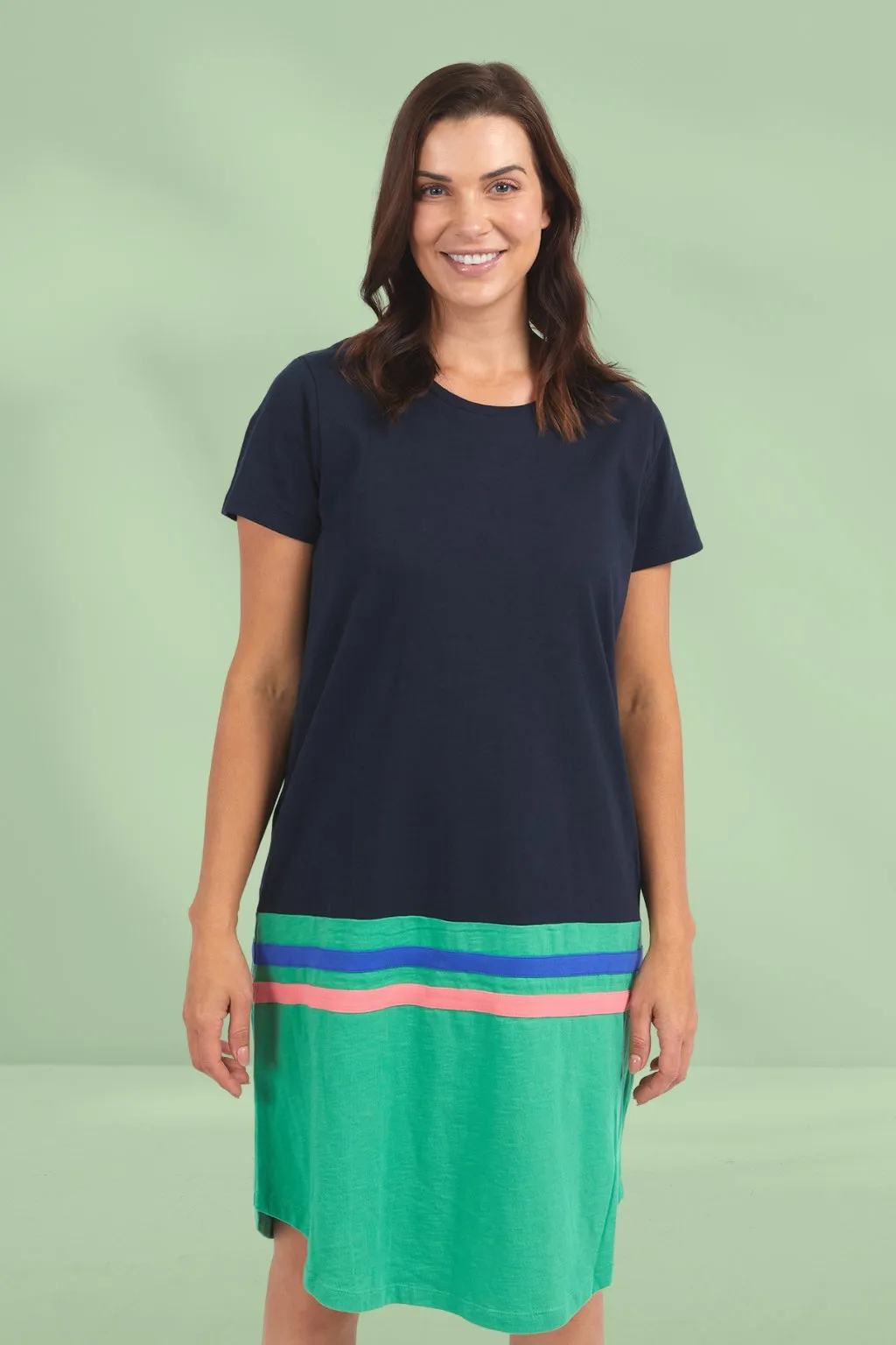 Elm Rhea Tee Dress Navy and Green Colour Block