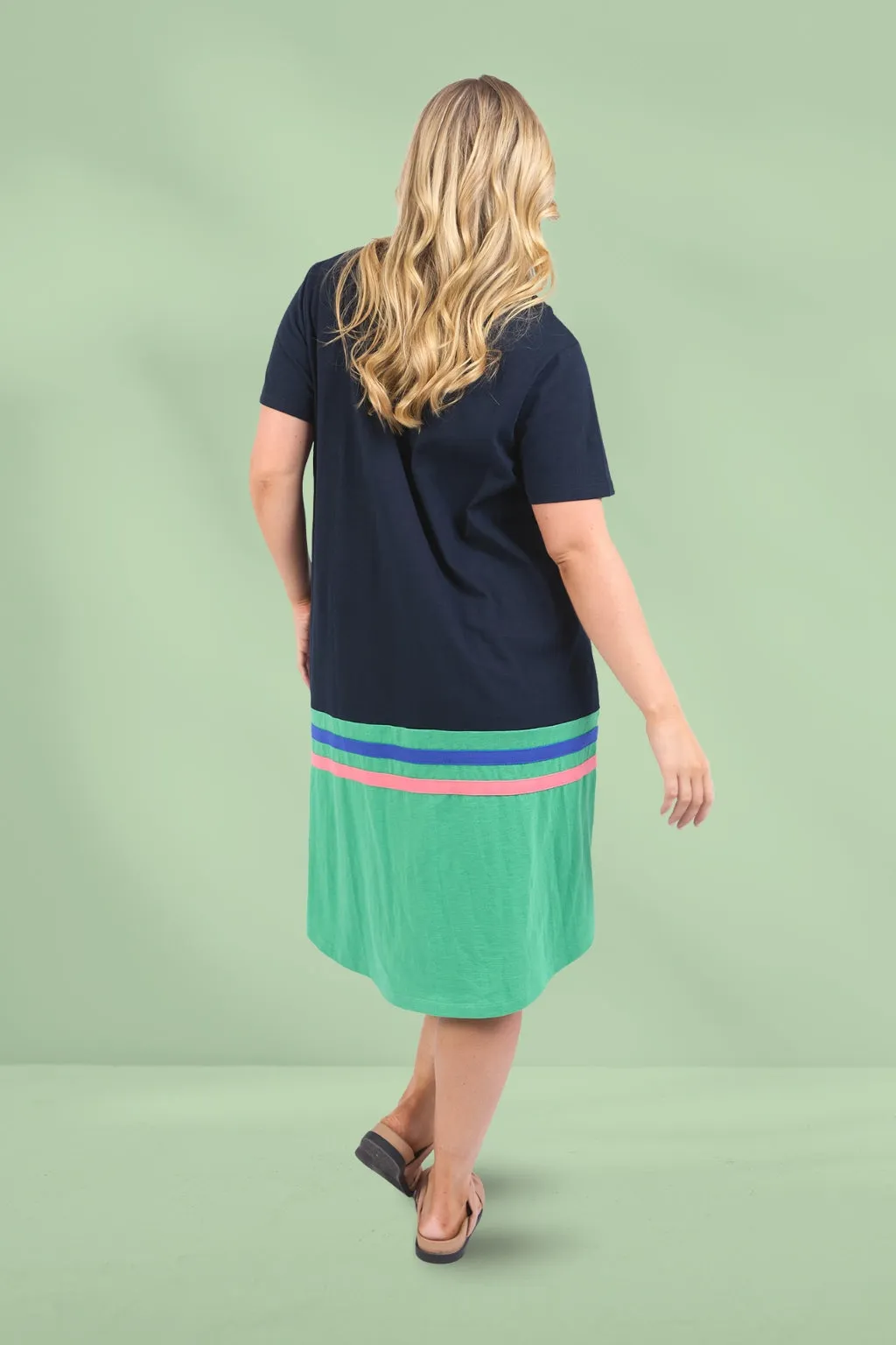 Elm Rhea Tee Dress Navy and Green Colour Block
