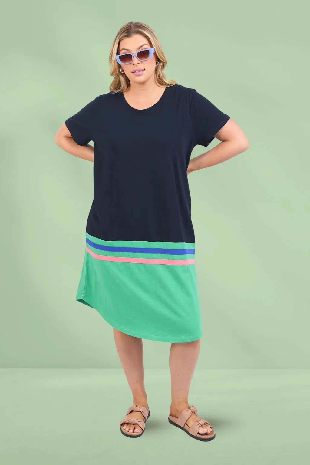 Elm Rhea Tee Dress Navy and Green Colour Block
