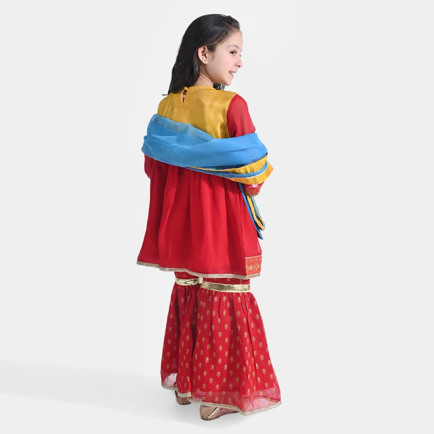Girls Chiffon 3 PCs Suit An Khai-Red