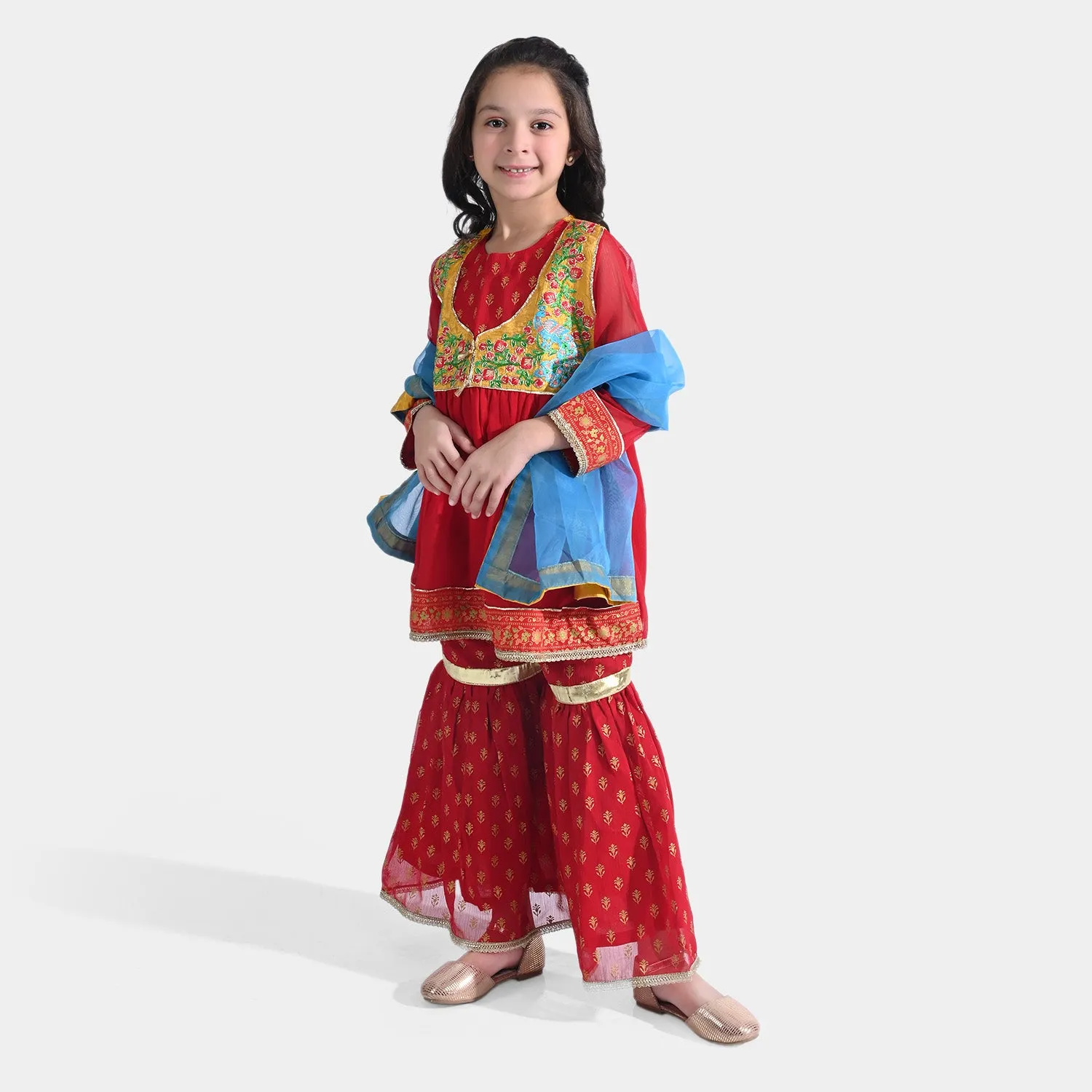 Girls Chiffon 3 PCs Suit An Khai-Red