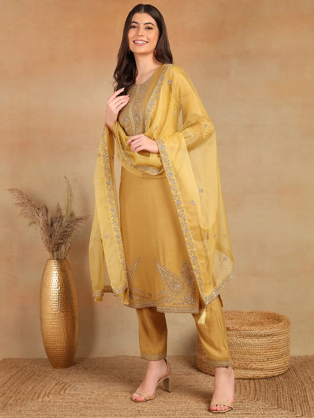 Gold Silk Blend Solid Embroidered 3-Piece Kurta Set
