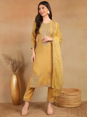 Gold Silk Blend Solid Embroidered 3-Piece Kurta Set