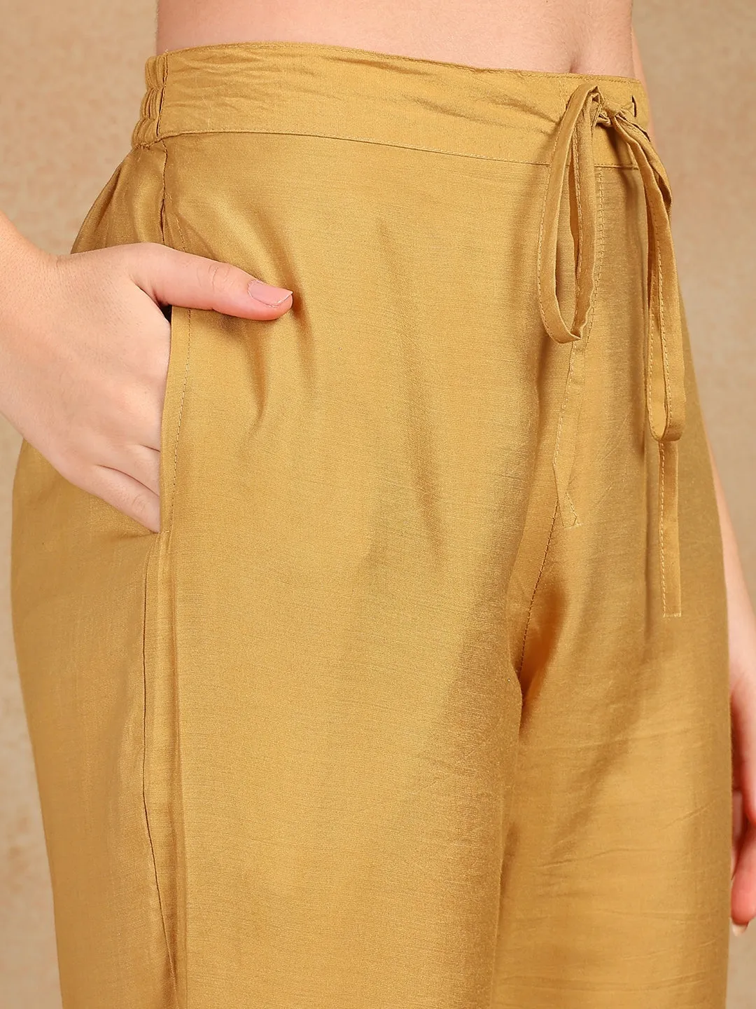 Gold Silk Blend Solid Embroidered 3-Piece Kurta Set