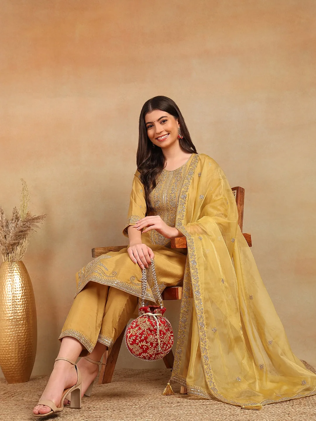 Gold Silk Blend Solid Embroidered 3-Piece Kurta Set