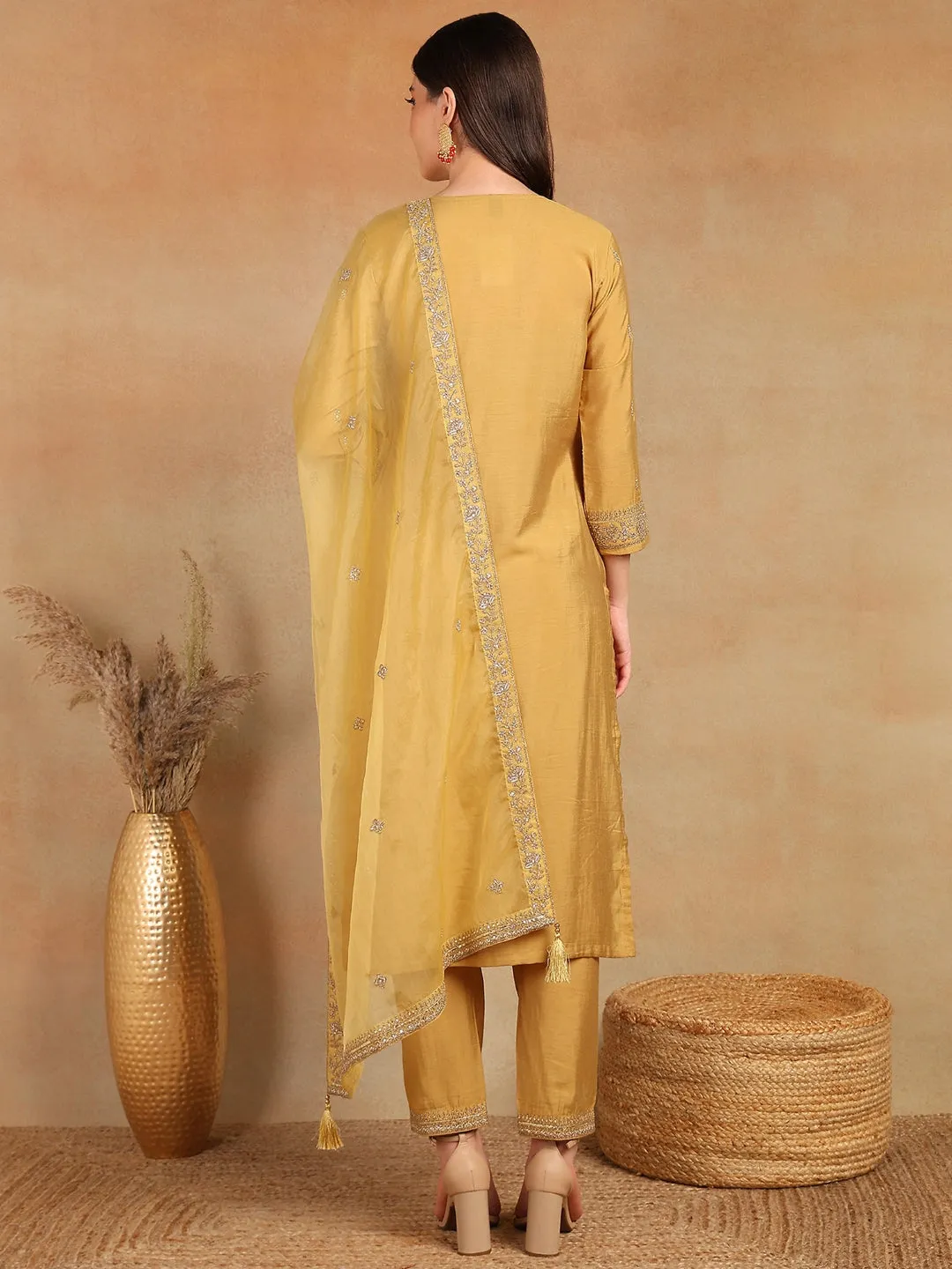 Gold Silk Blend Solid Embroidered 3-Piece Kurta Set