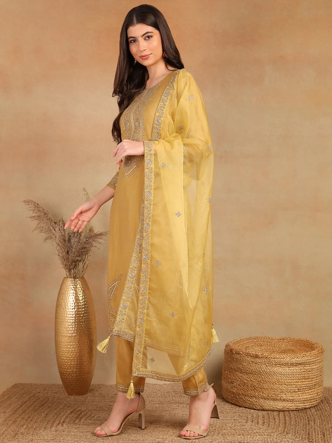 Gold Silk Blend Solid Embroidered 3-Piece Kurta Set