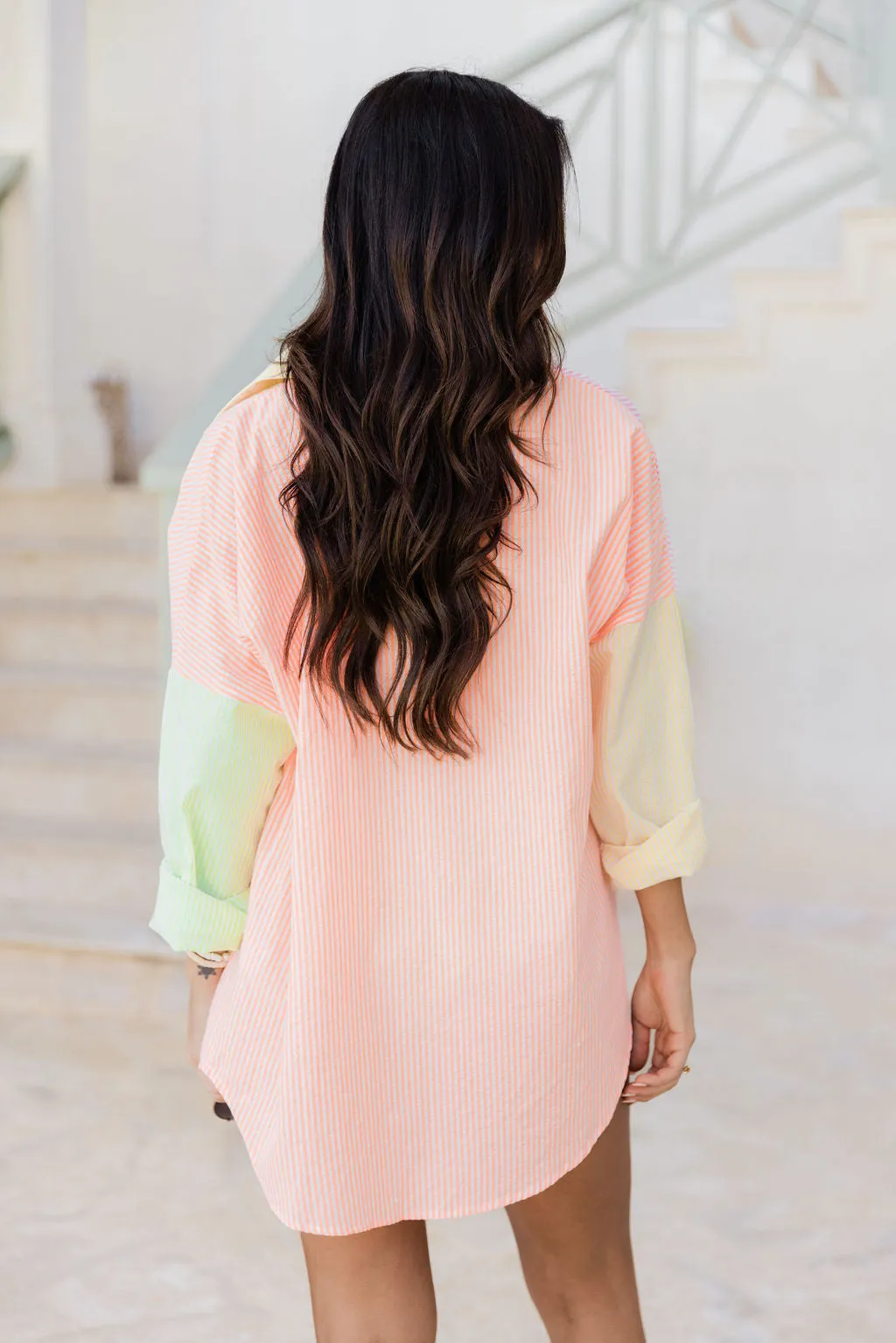 Live Colorfully Color Block Bright Multi Stripe Button Front Shirt