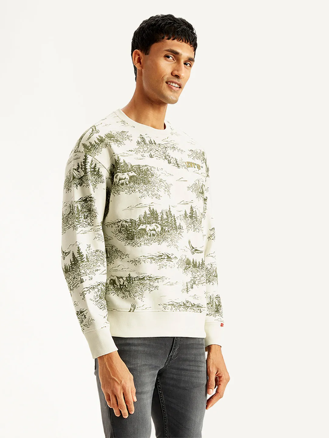 Men's Printed Off-White Crew Neck Sweatshirt