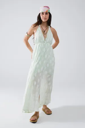 Midi Halter Dress In Mint Leaf Print With Lurex Details