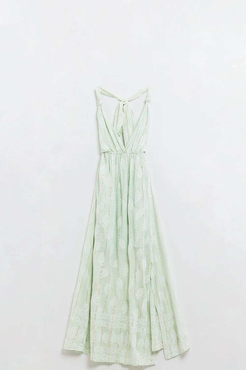 Midi Halter Dress In Mint Leaf Print With Lurex Details