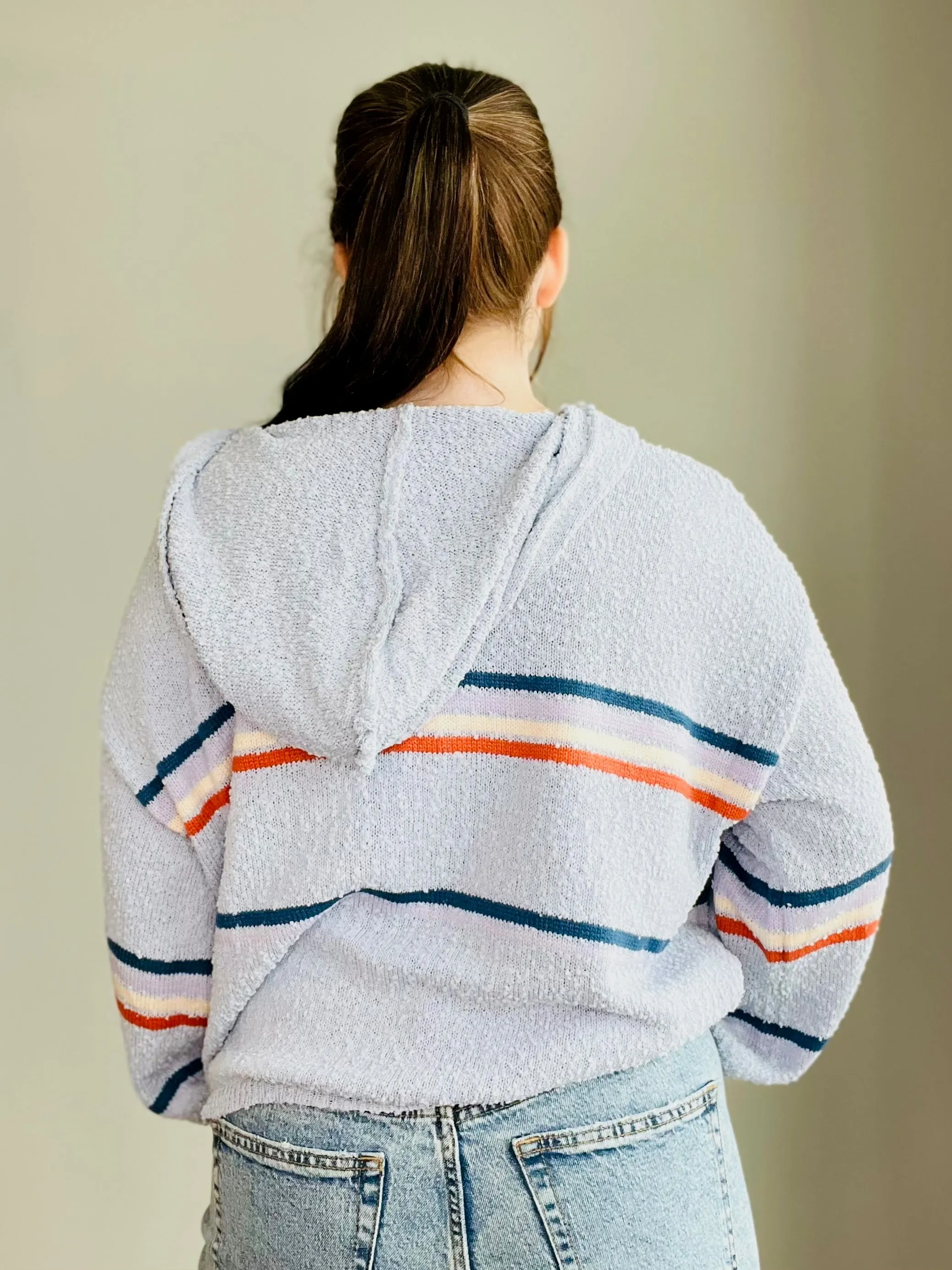 Multi-Color Stripe Textured Bubble Sleeve Sweater Hoodie