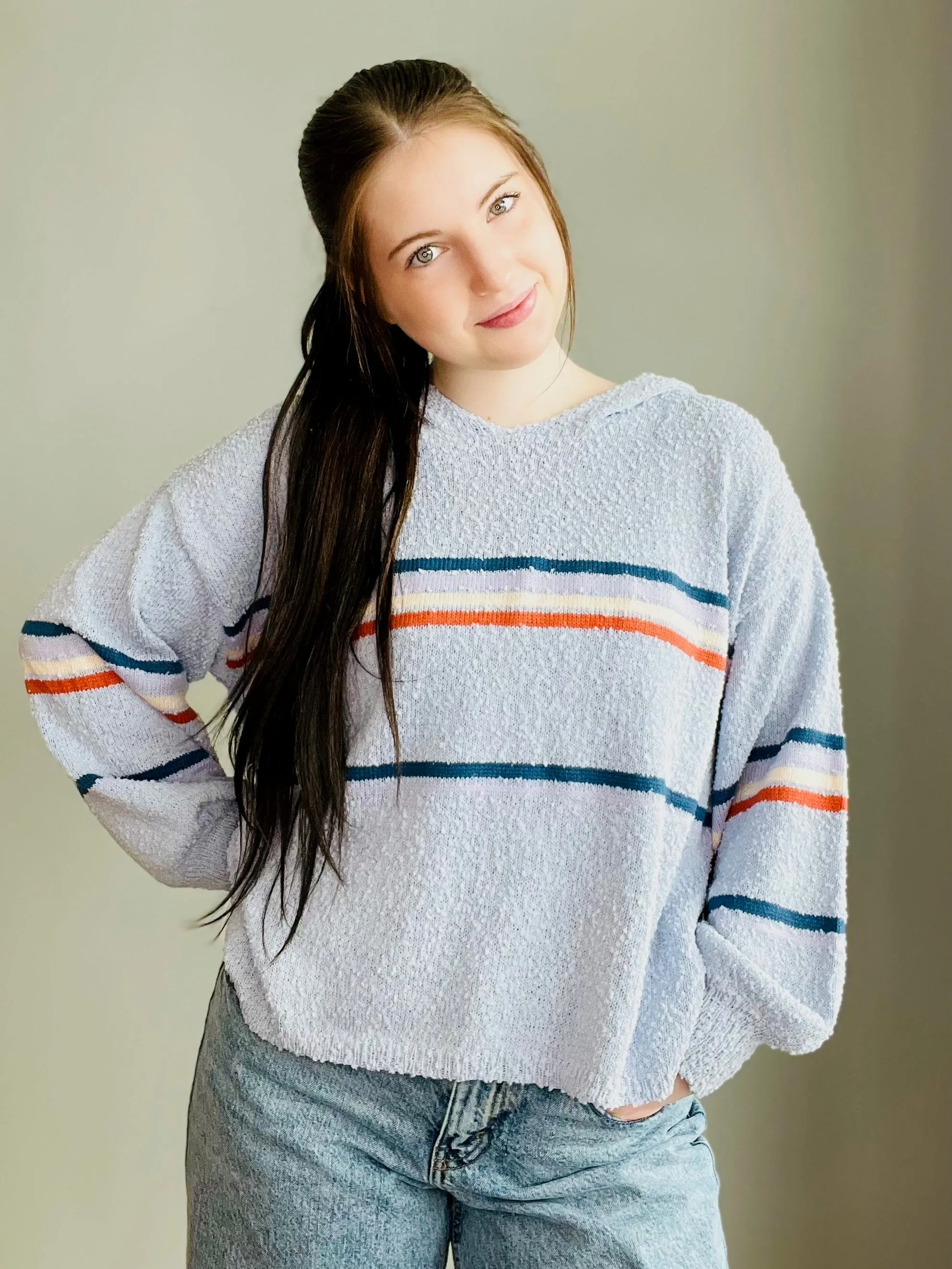 Multi-Color Stripe Textured Bubble Sleeve Sweater Hoodie