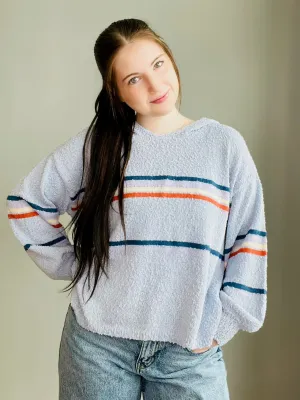 Multi-Color Stripe Textured Bubble Sleeve Sweater Hoodie