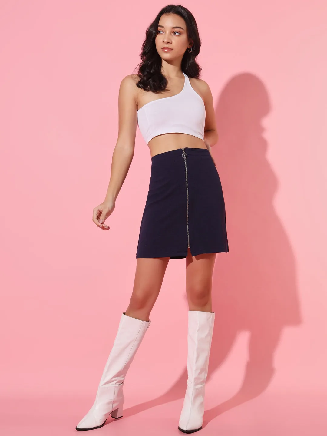 Navy Blue  Front Zipper Skirt