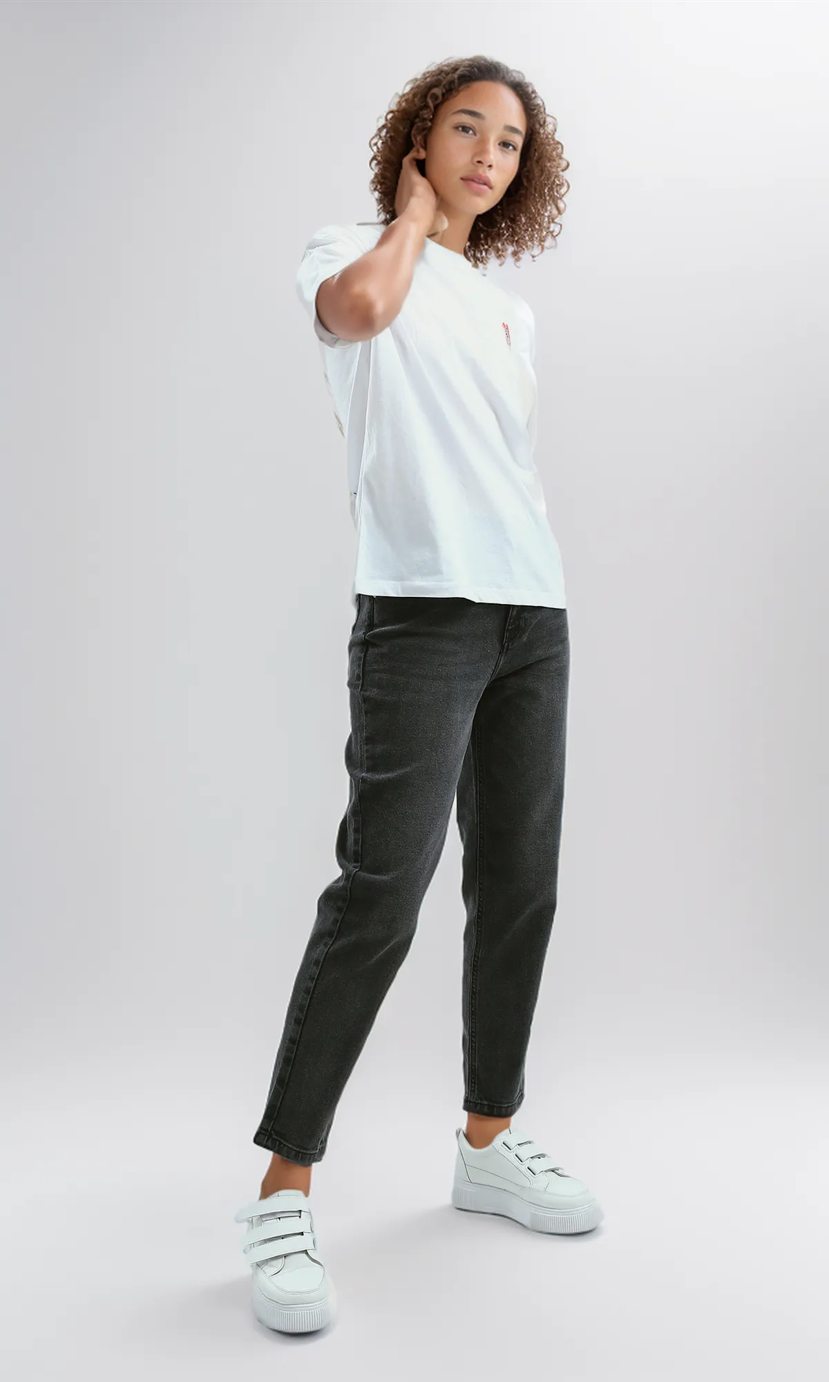 O190929 Printed Elbow-Sleeves White Summer Long Tee
