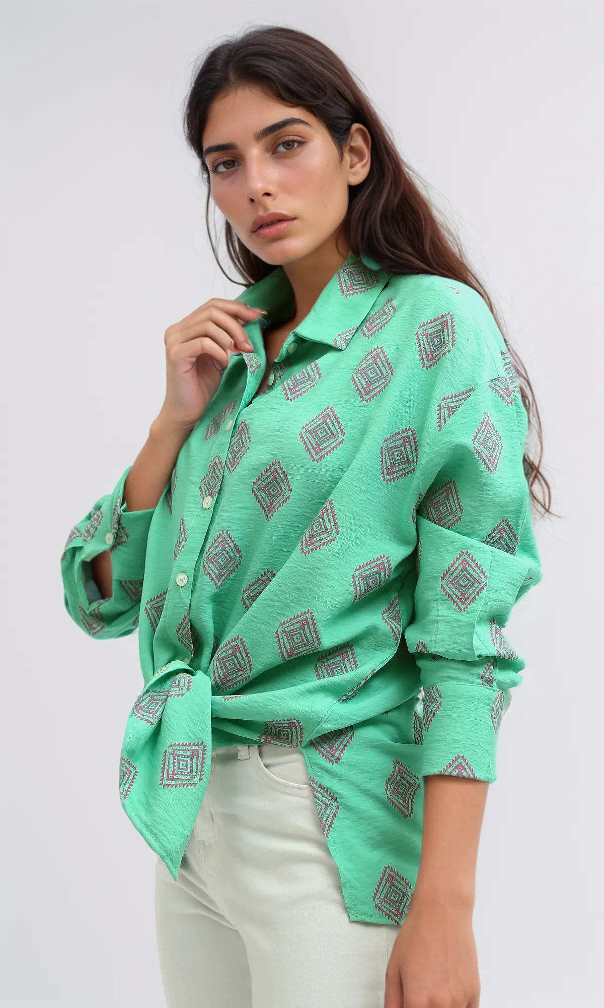 O193473 Green Summer Long Sleeve Slef Patterned Shirt