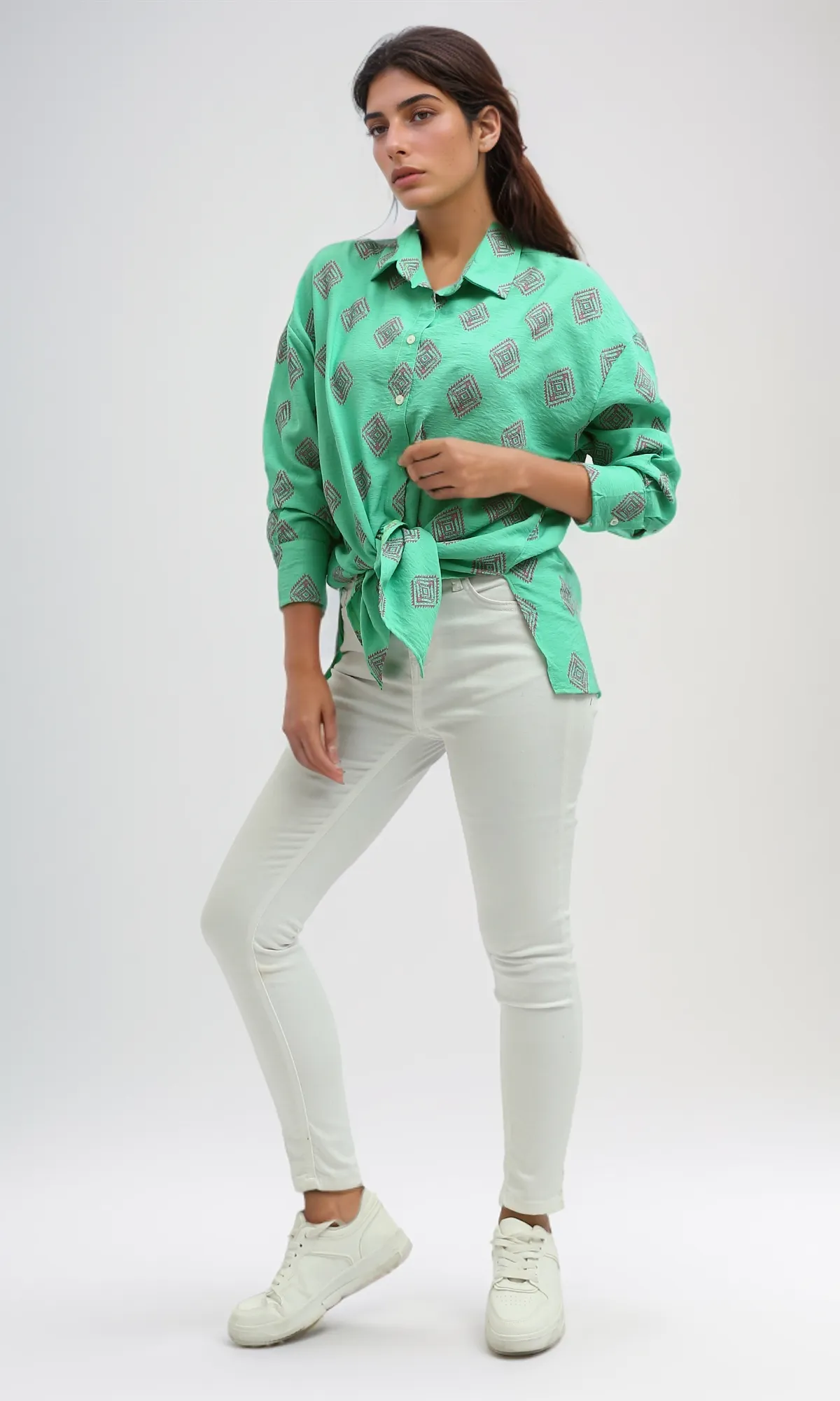 O193473 Green Summer Long Sleeve Slef Patterned Shirt