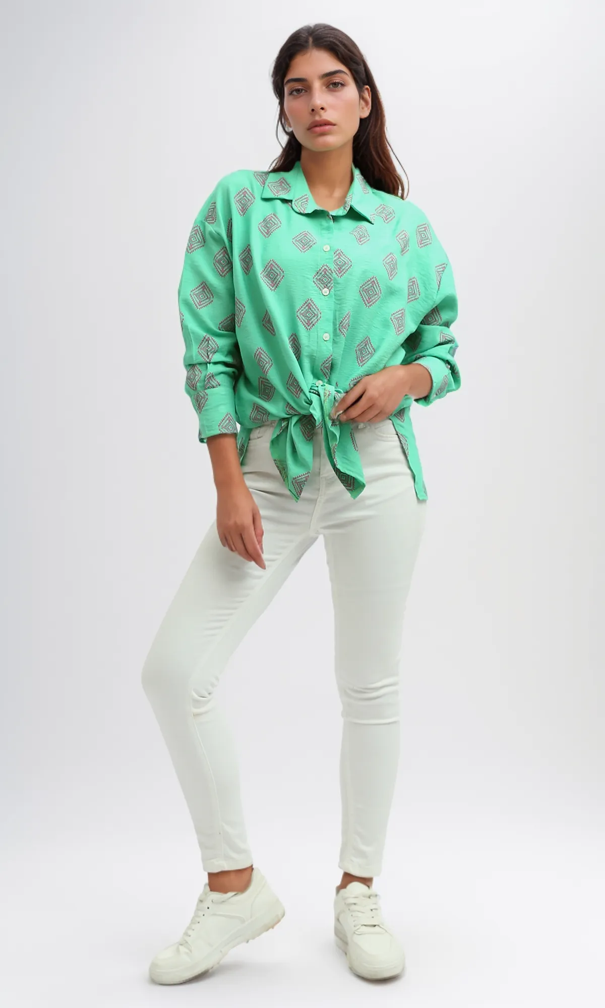 O193473 Green Summer Long Sleeve Slef Patterned Shirt