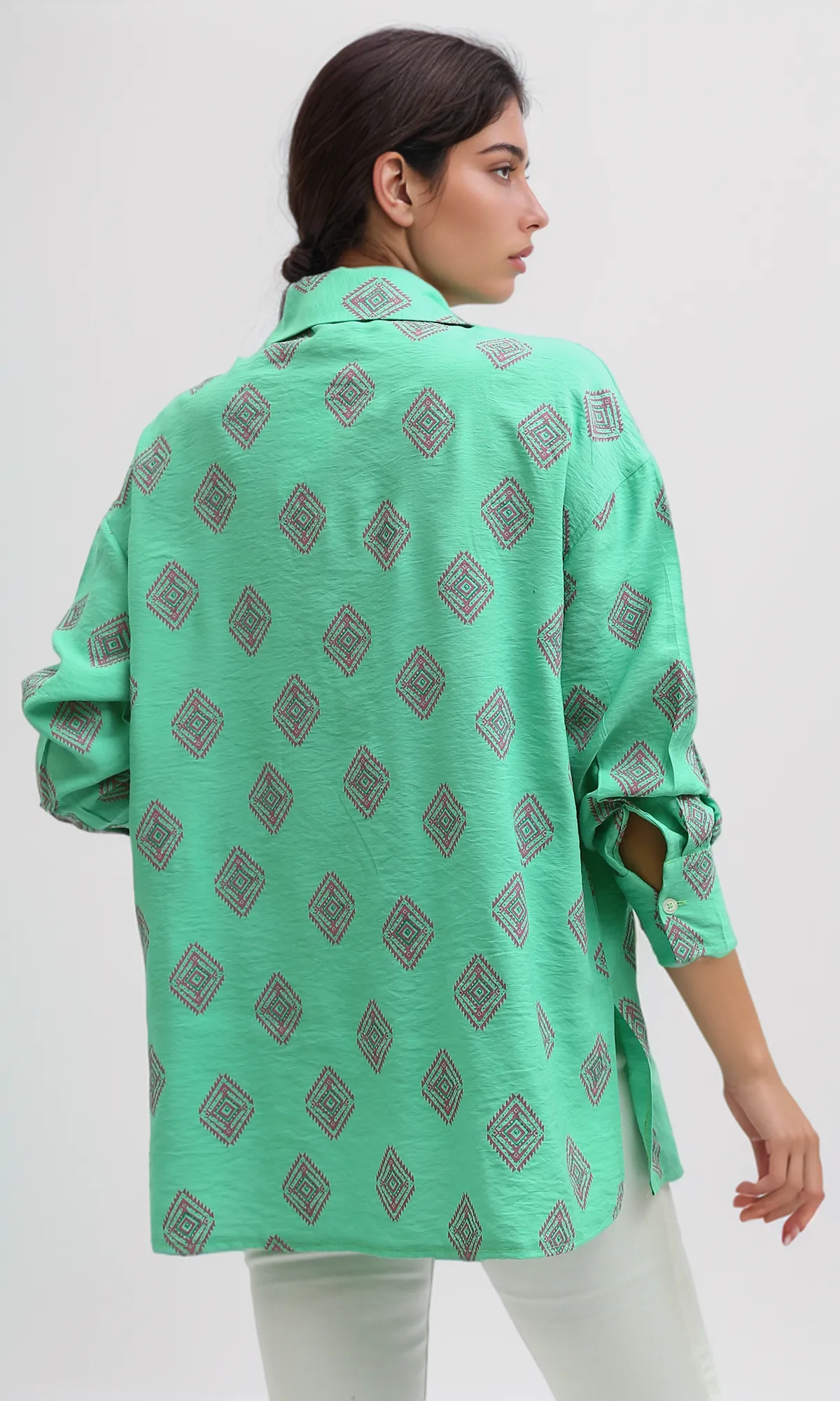 O193473 Green Summer Long Sleeve Slef Patterned Shirt