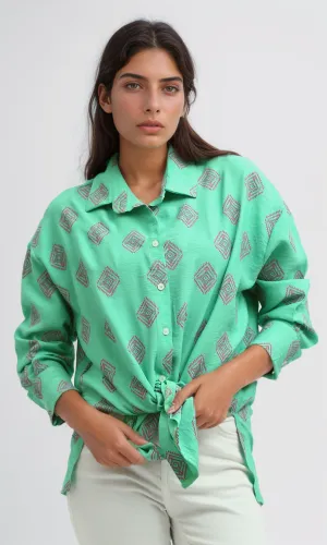 O193473 Green Summer Long Sleeve Slef Patterned Shirt