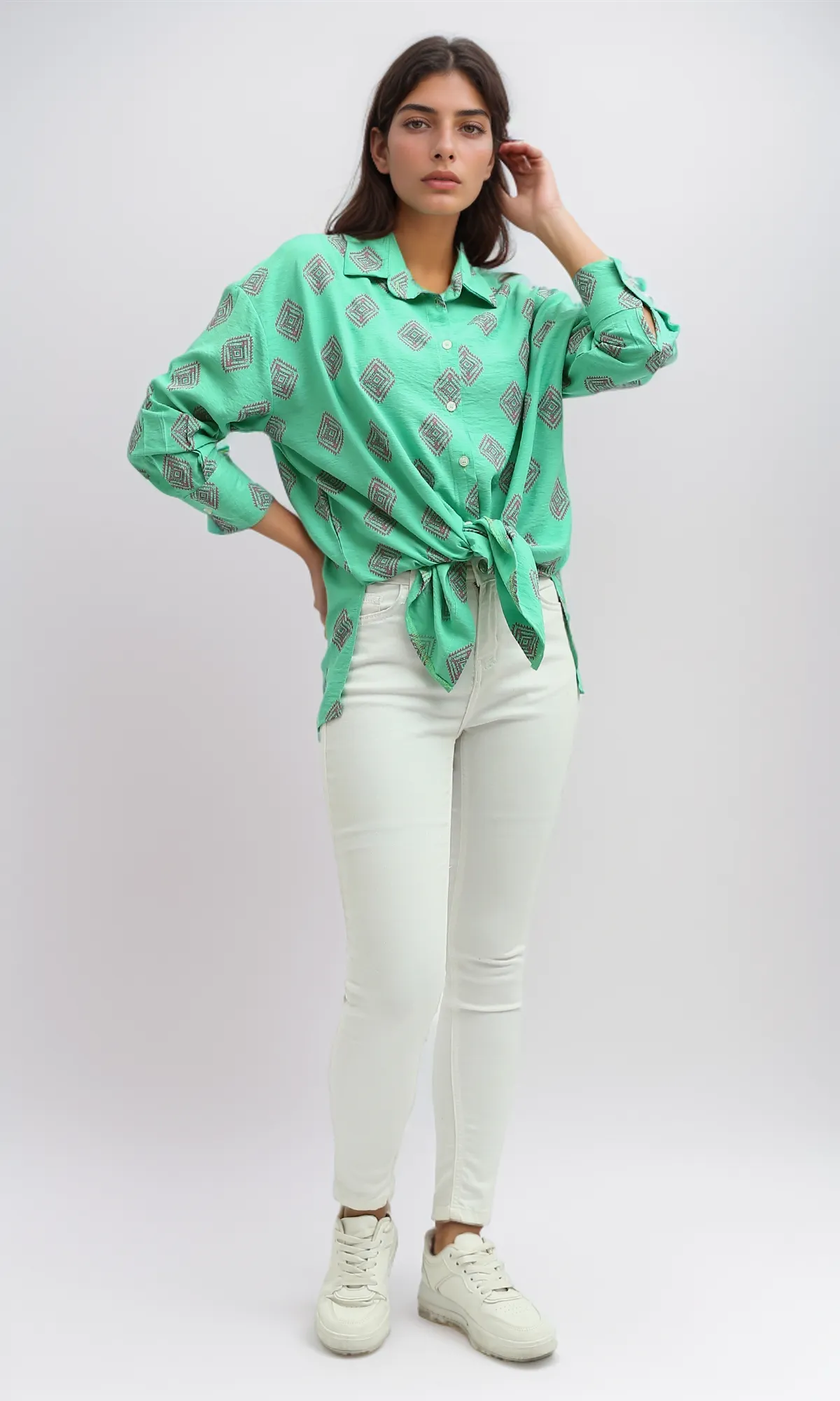 O193473 Green Summer Long Sleeve Slef Patterned Shirt