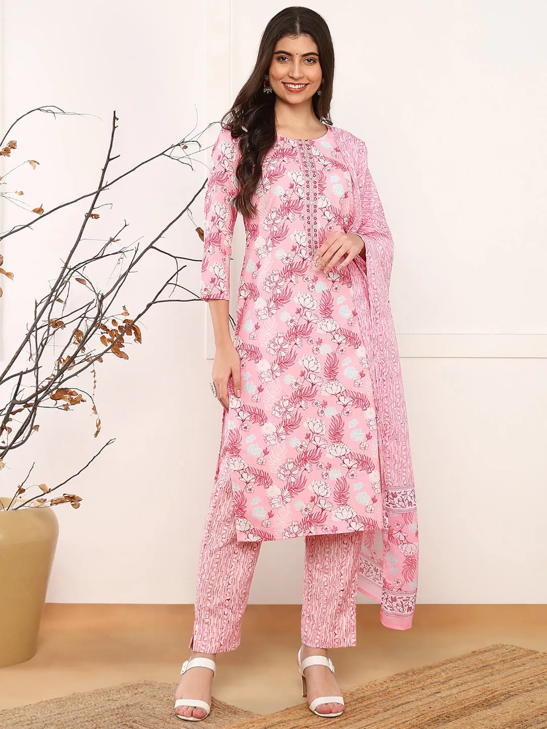 Pink Poly Rayon Floral Printed 3-Piece Kurta Set