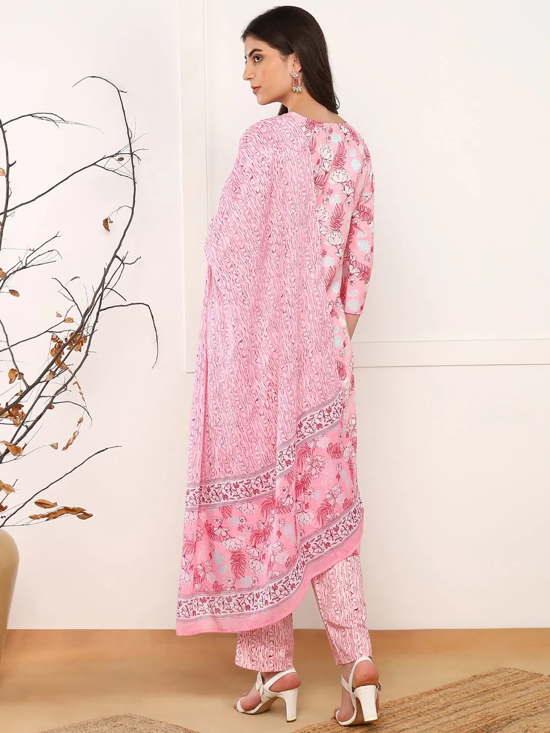 Pink Poly Rayon Floral Printed 3-Piece Kurta Set