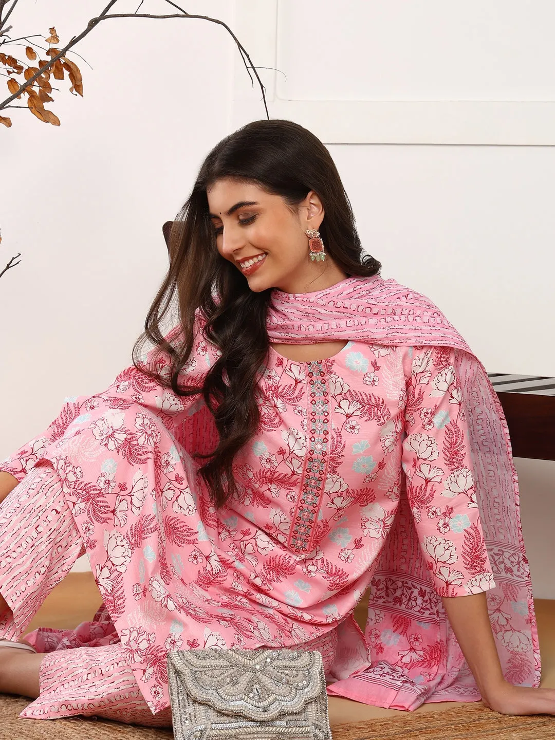 Pink Poly Rayon Floral Printed 3-Piece Kurta Set
